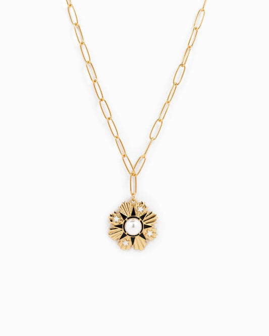 Starburst Pearl Center Coin Pendant Necklace