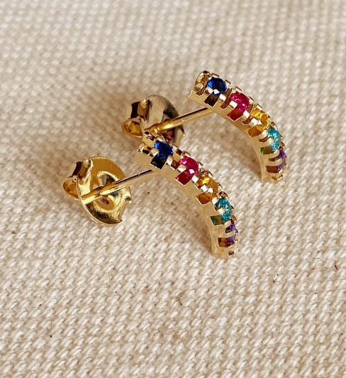 18k Gold Filled Curved Bar Multicolor Crystal Stud Earrings