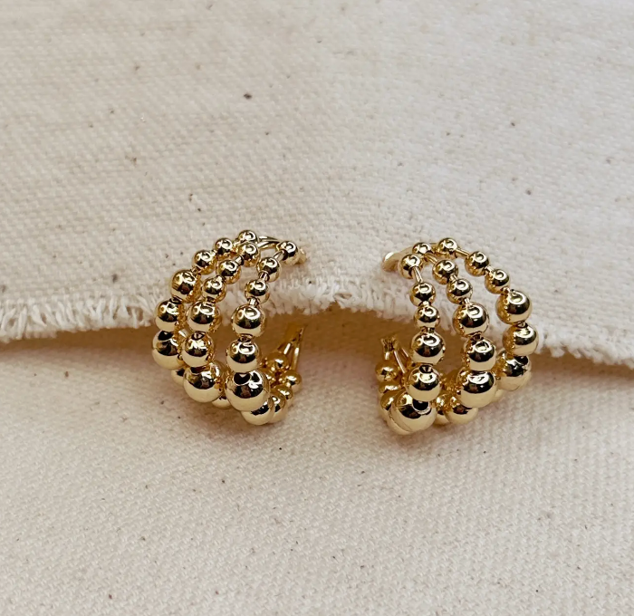 18k Gold Filled Triple Line Beaded C Hoop Earrings