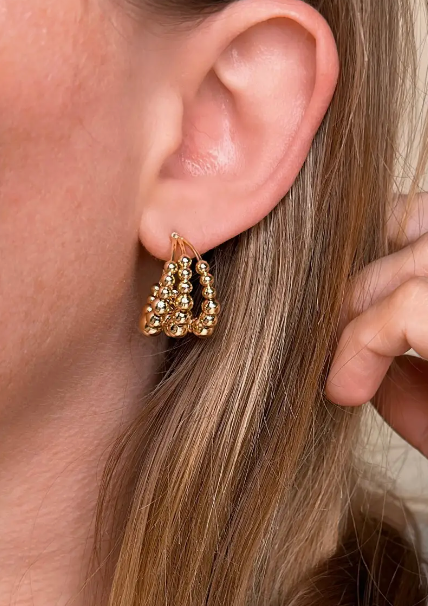 18k Gold Filled Triple Line Beaded C Hoop Earrings