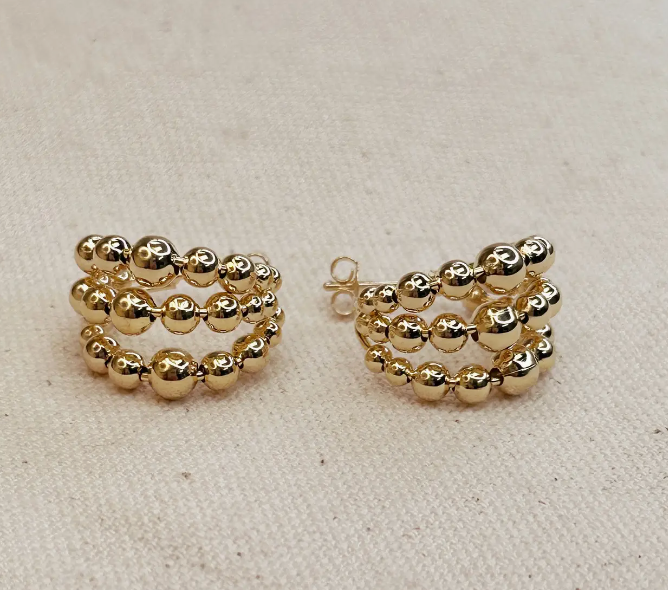 18k Gold Filled Triple Line Beaded C Hoop Earrings