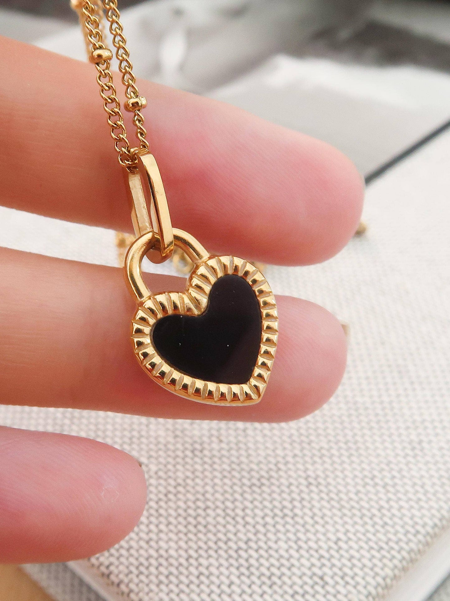 Kylie Non-Tarnish Double-Sided Black & White Heart Necklace